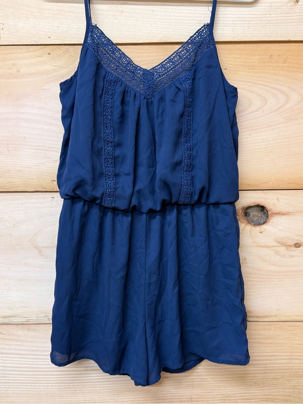 City Triangles Navy Lace-Trim Spaghetti Strap Romper